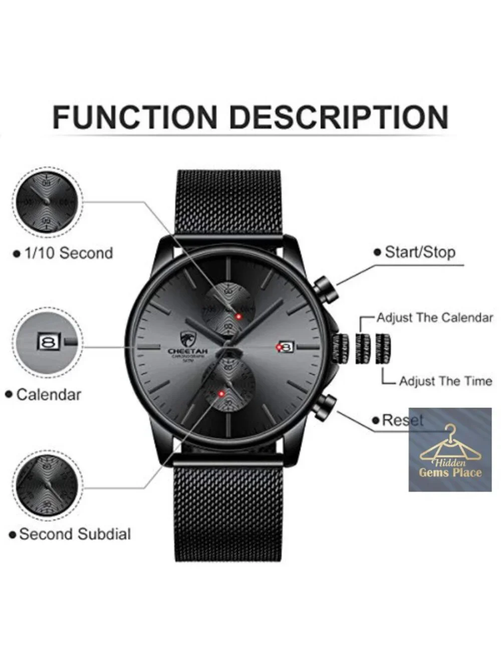 Men's Watch Stainless Steel Mesh Waterproof Chronograph Quartz Analog with Auto